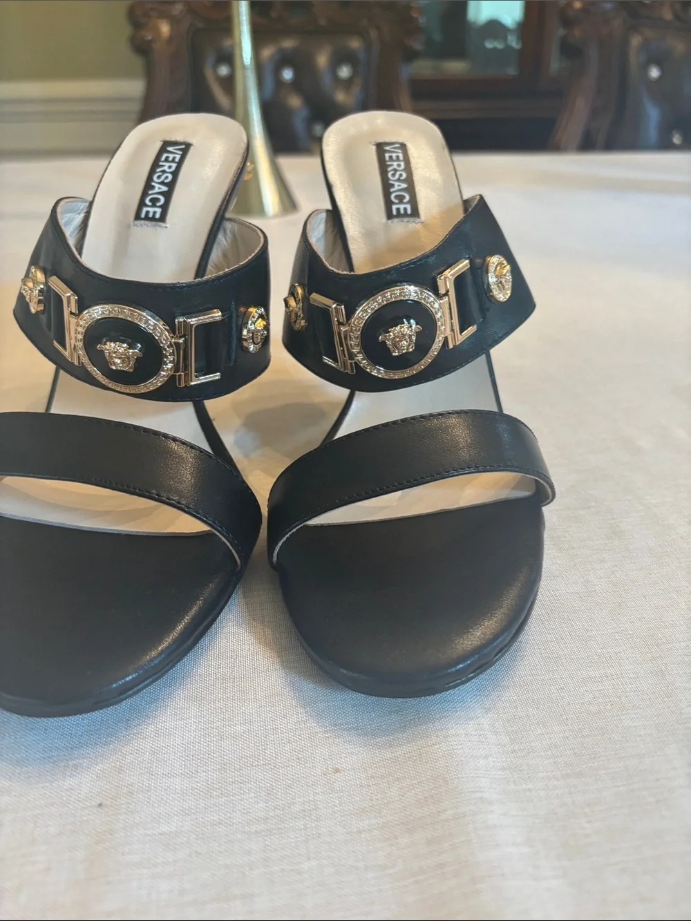 Versace Black Leather Crystal Medallion Slide Heels ( COPY) - Picture 3 of 7